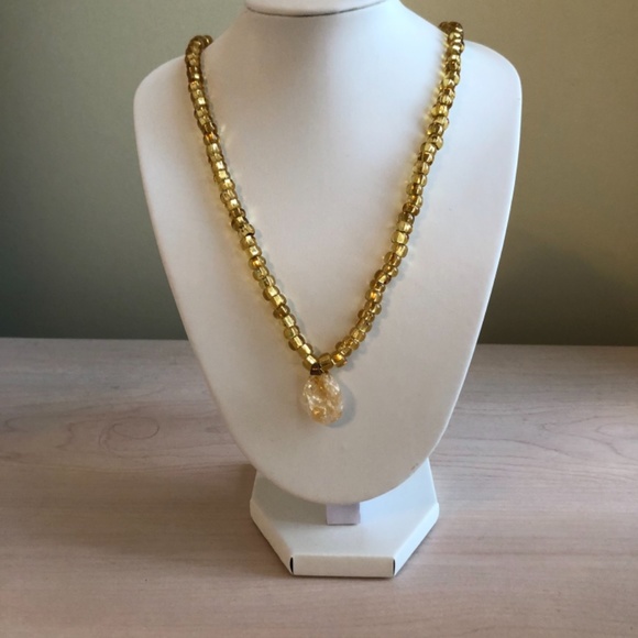 Handmade Bright Gold Beaded Necklace with Snow Colored Pendant Gold Infusions - Picture 2 of 2
